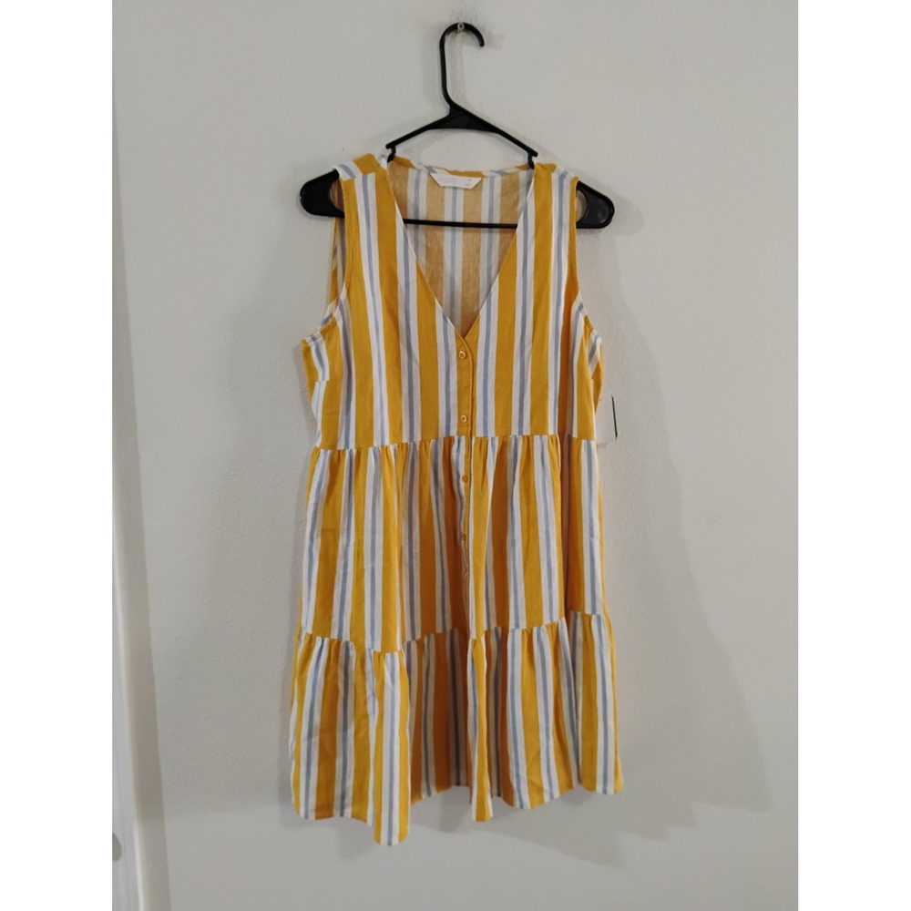 LC Lauren Conrad Yellow White Blue Striped Tiered Sleeveless Mini Dress Medium